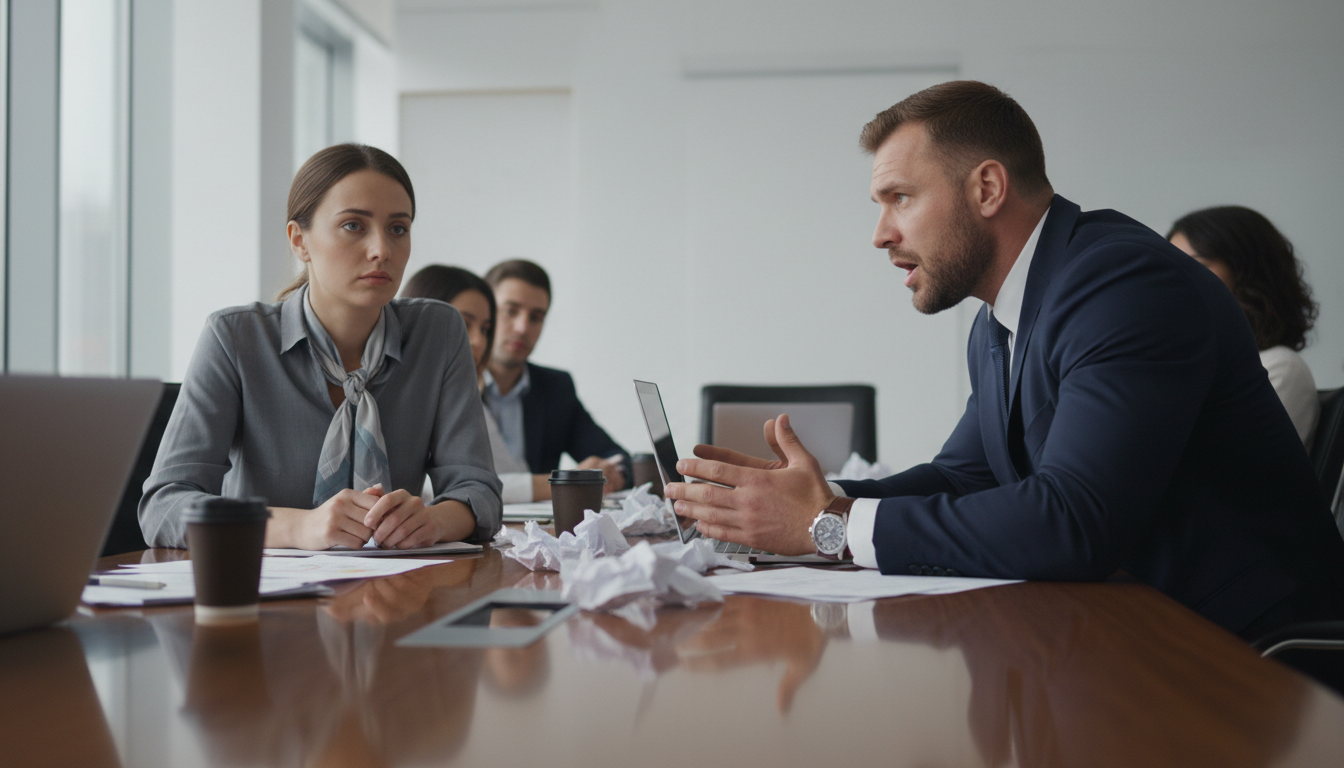 A candid-style office shot from the perspective of a listener. A man in a suit is talking dominantly at a conference table, while the person across from him has 'glazed over' eyes and a blank expression, looking completely drained. The focus is on the emotional distance and the monopoly of the conversation. Natural office lighting, realistic textures, 8k.