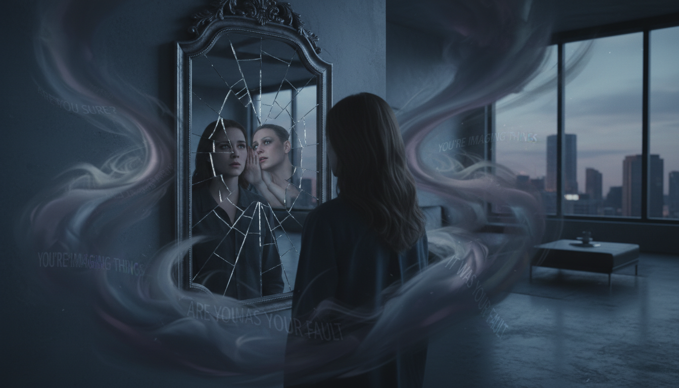 A surreal, high-contrast photograph of a person looking into a cracked mirror. The person’s reflection is whispering into their ear, but the reflection’s face is slightly different, colder. The background is a clean, modern apartment, but the air around the person is filled with swirling, smoky distortion, symbolizing gaslighting and cognitive dissonance. 8k, hyper-realistic, psychological thriller aesthetic.