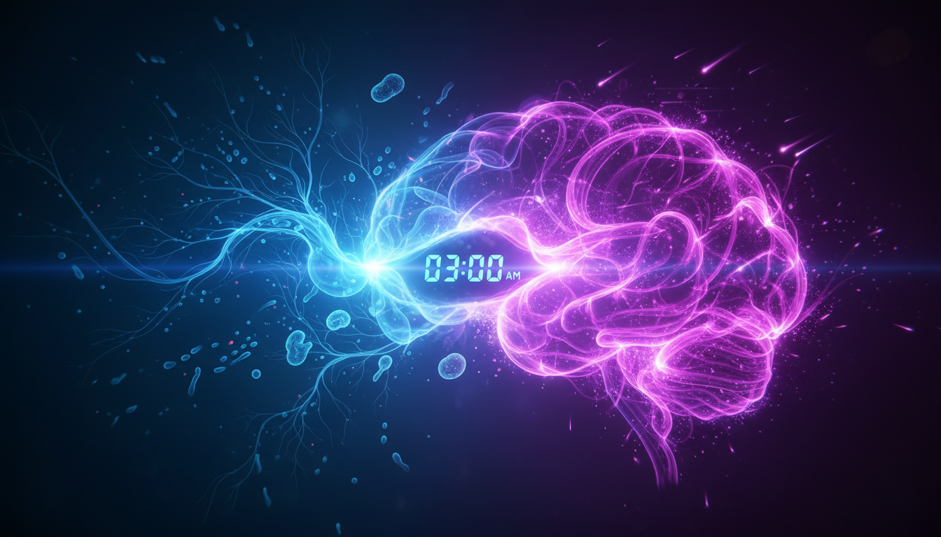 A cinematic conceptual image of a biological 'shift change'. On the left side, a peaceful deep-sea blue representing deep NREM sleep; on the right side, an energetic, vibrant violet representing the transition to REM sleep at 3 AM. A digital clock face is subtly visible in the center. Photorealistic, 8k.