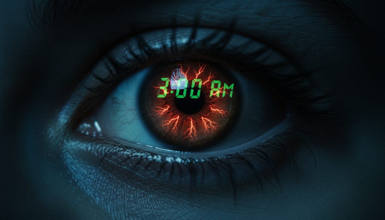 Hyper-realistic close-up of a human eye wide open in the dark, reflecting a digital clock showing 3:00 AM. Inside the pupil, a faint glow of red and orange neural activity suggests an active amygdala. The surrounding face is in deep shadow, lit only by a cool blue moonlight. Moody and psychological atmosphere.