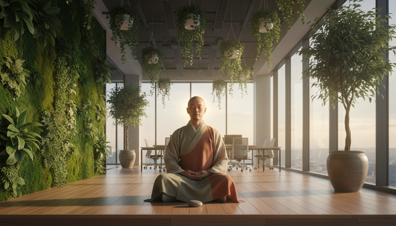 A wide shot of a person sitting in a meditative pose in a garden-filled modern office (biophilic design). They are focused and calm, without any electronic devices nearby. A soft glow of mental clarity surrounds them. The style is clean, 8k resolution, photorealistic, representing deep work and the power of human attention.