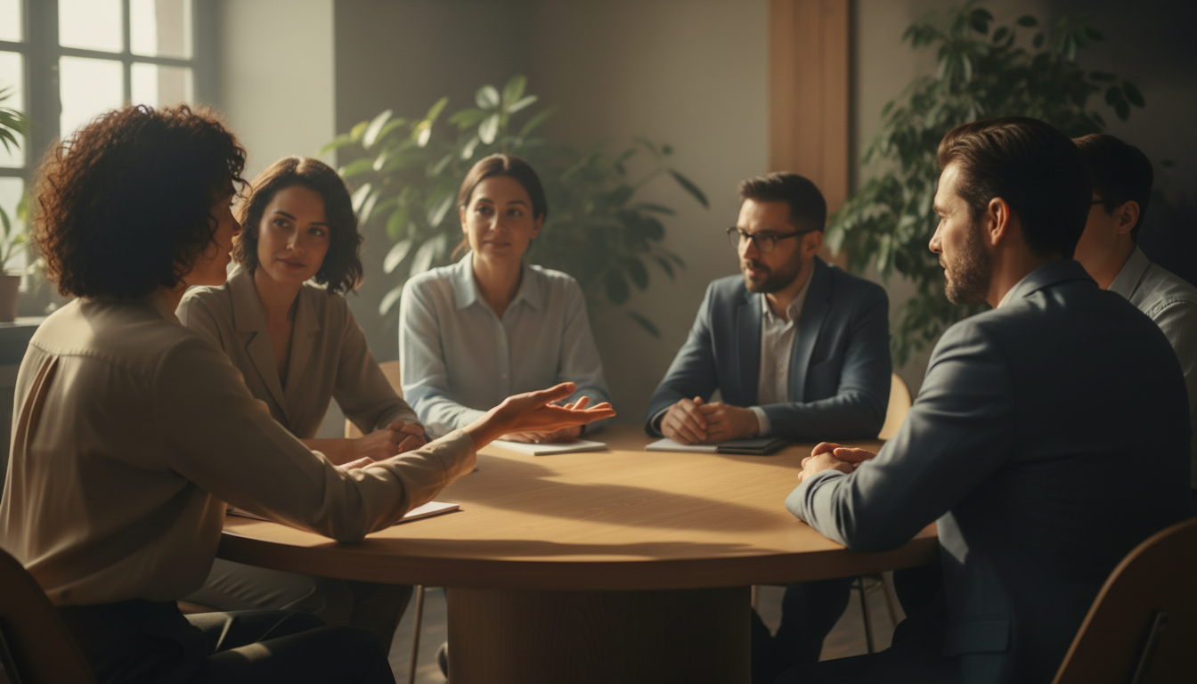 A medium shot of a diverse group of professionals in a meeting room, but instead of looking at screens, they are looking at each other with intense focus and empathy. One person is gesturing authentically. The lighting is warm and organic, emphasizing the human element in a corporate setting. Photorealistic, shallow depth of field.