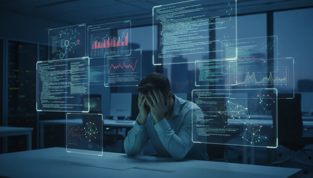 A cinematic, moody photograph of a worker in a modern office, hands over their face in stress, while multiple translucent screens with complex AI code and data charts float around them in a chaotic manner. The lighting is cold and clinical, capturing the feeling of 'AI Anxiety' and the pressure of technological change.
