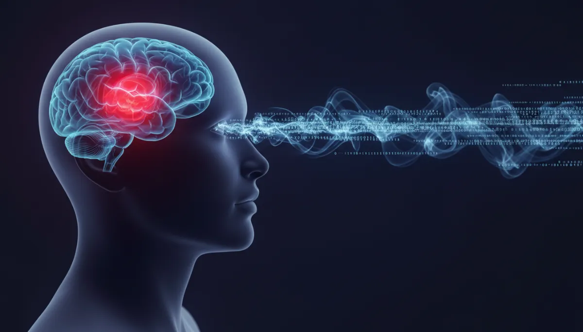 A conceptual photorealistic image showing a side profile of a human head in a dark environment. Inside the brain area, a glowing red amygdala is highlighted, contrasting with a cool blue prefrontal cortex. Faint digital binary code streams towards the person's eyes, representing the stress of technological data. Cinematic lighting, dramatic atmosphere.