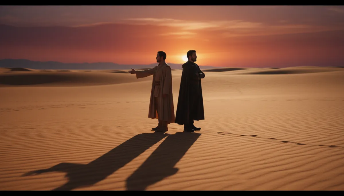 Two people standing back-to-back in a vast, minimalist desert landscape. One figure is reaching out slightly with an open hand, while the other has their arms crossed looking at the distant horizon. Long shadows, dramatic sunset lighting, high contrast, cinematic wide shot illustrating the emotional gap between attachment styles.