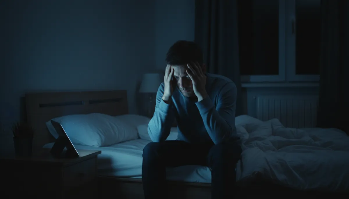 Persona sentada en la cama a mitad de la noche en una habitación oscura, frotándose las sienes con cansancio, la luz azul tenue de un dispositivo digital en la mesita de noche resalta su silueta, atmósfera de fatiga mental y estrés, estilo cinematográfico melancólico.