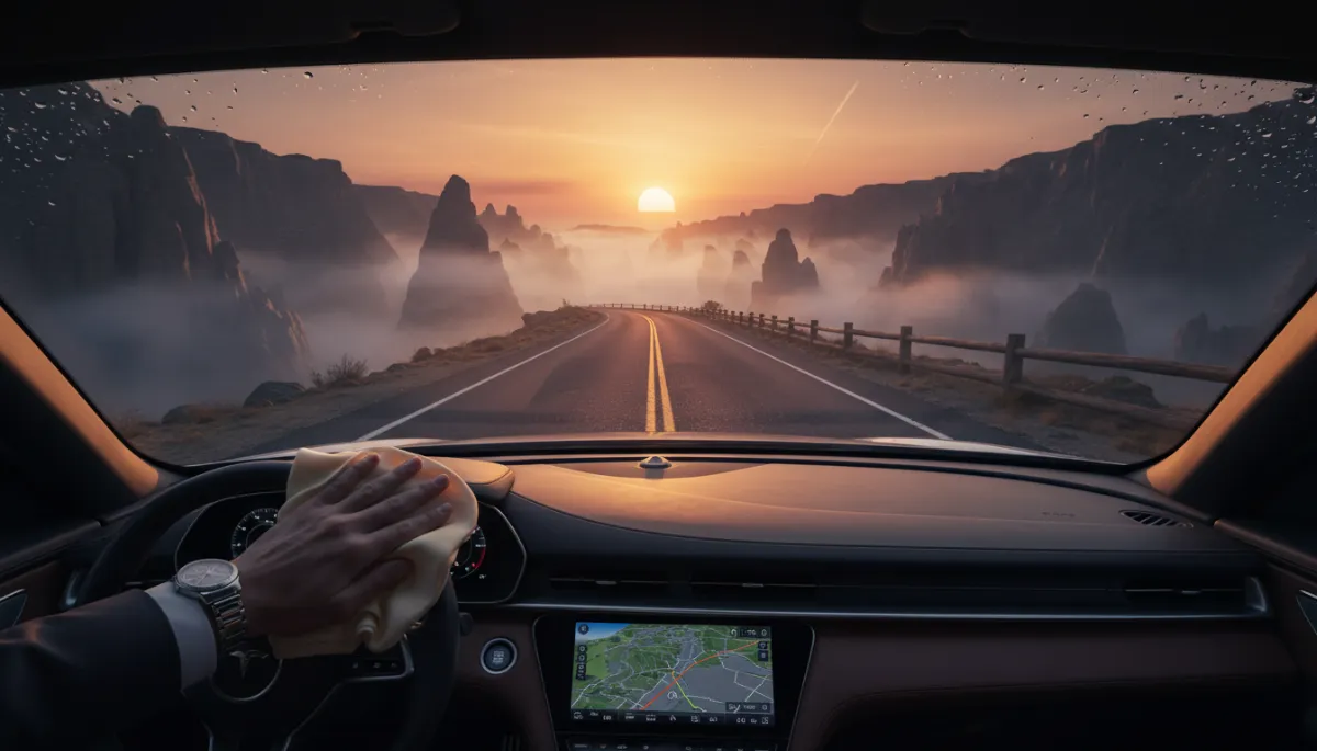 Cinematic point-of-view shot from inside a luxury car driving towards a vast, misty canyon at sunset. A hand is seen cleaning the perfectly clear windshield with a silk cloth, while the road ahead ends abruptly in a dramatic drop. Moody atmosphere, hyper-realistic, 8k resolution, high contrast.