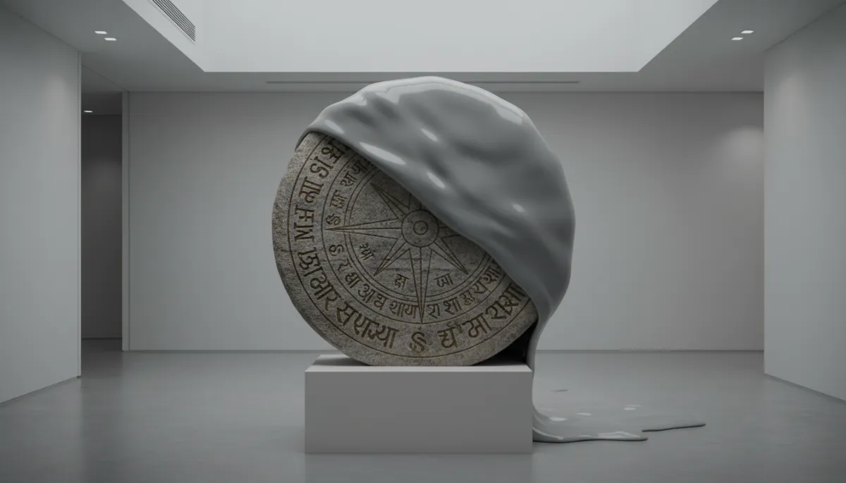 A powerful artistic image showing an ancient, weathered stone compass with Sanskrit engravings being slowly covered by a layer of smooth, grey, featureless plastic. The setting is a minimalist, white corporate lobby. High contrast between the organic ancient stone and the synthetic modern material, soft studio lighting.