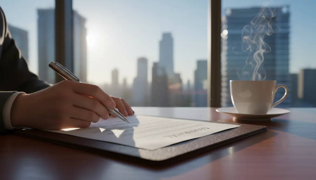 First-person perspective (POV) of a person’s hands signing an important contract on a high-end wooden desk. A steaming cup of coffee is nearby, warm morning sunlight streaming through a large window of a modern office, cinematic lighting, shallow depth of field, hyper-realistic.
