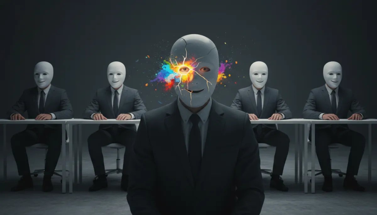 A conceptual photograph of a row of identical business executives in grey suits sitting at desks, all wearing white plastic masks with painted-on serene smiles. One executive's mask is cracking, revealing a glimpse of a vibrant, colorful world inside. Sharp focus, cinematic studio lighting, eerie atmosphere.