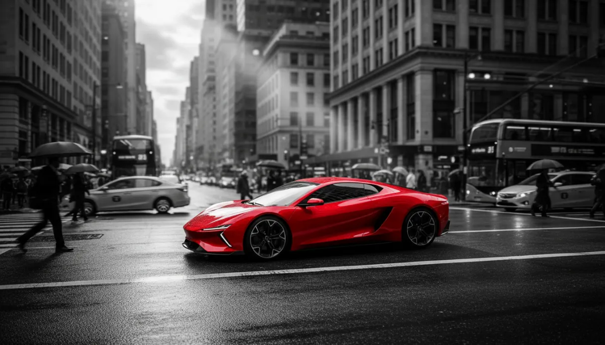 A vibrant, professional photograph of a busy city street in black and white, except for one striking, bright red modern sports car that is in full color and sharp focus, illustrating the psychological phenomenon of selective focus, high contrast, cinematic lighting.