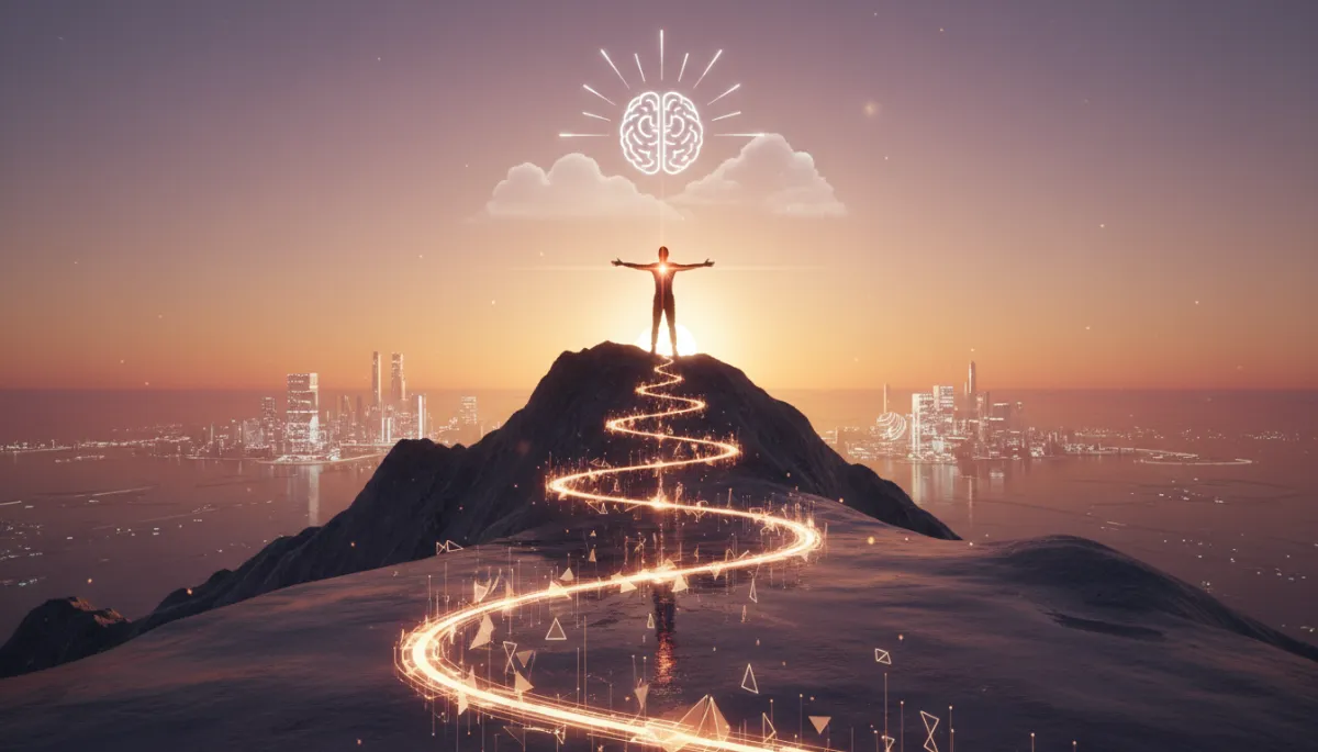 A conceptual image of a person standing on top of a mountain peak looking at a clear, vast horizon, symbolizing clarity of purpose and the manifestation of goals through a focused mind, epic cinematic wide shot, golden hour lighting, 8k.