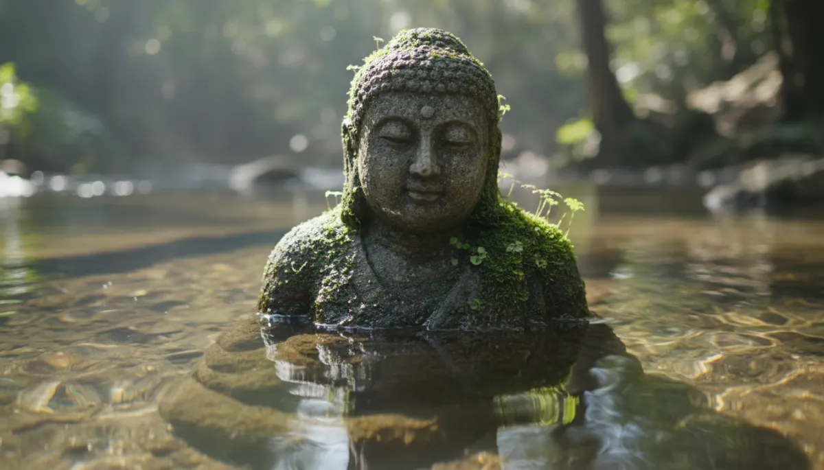 Macro photography of a stone statue of a monk partially submerged in clear, rippling water, moss-covered textures, symbolizing the dissolution of the earth element, soft natural morning light, cinematic lighting, ultra-detailed.