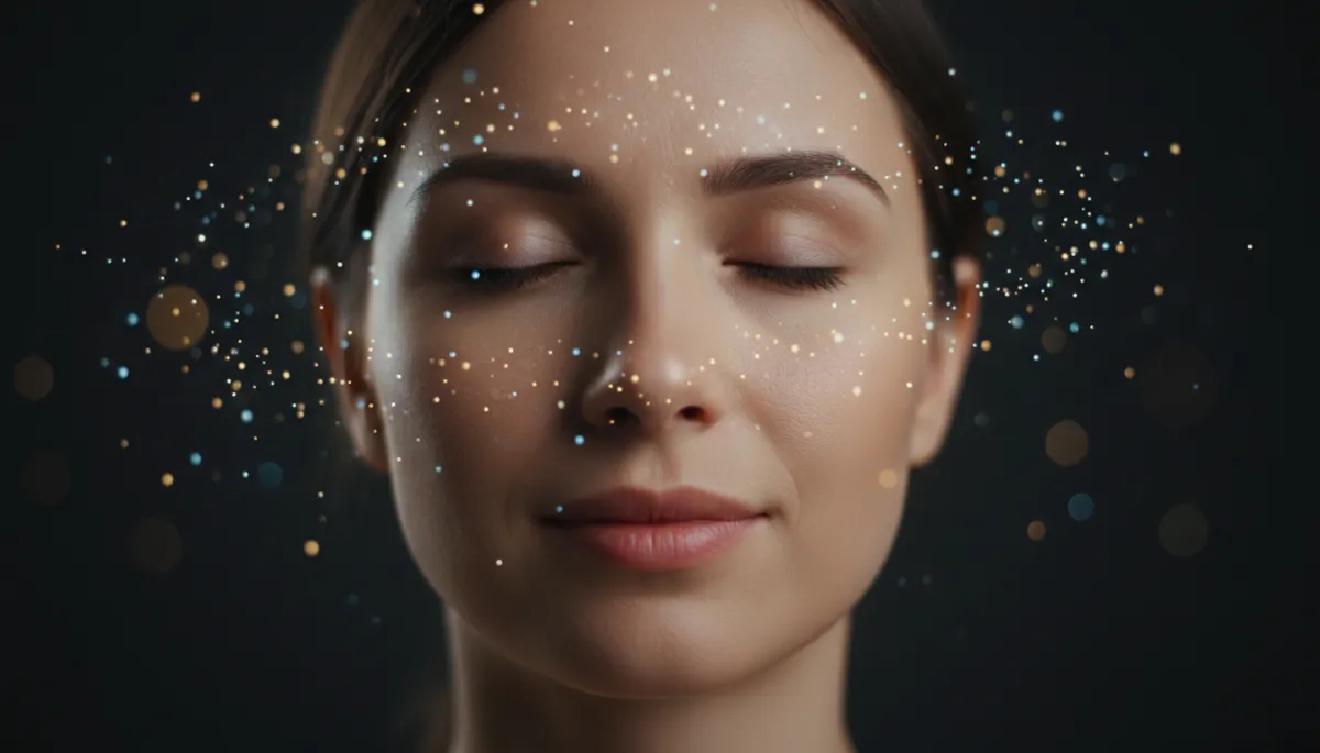 Close-up of a person's face in deep meditation, eyes closed, expression of absolute peace, subtle glowing particles around the head representing internal awareness, dark background with soft bokeh, high-end commercial photography.