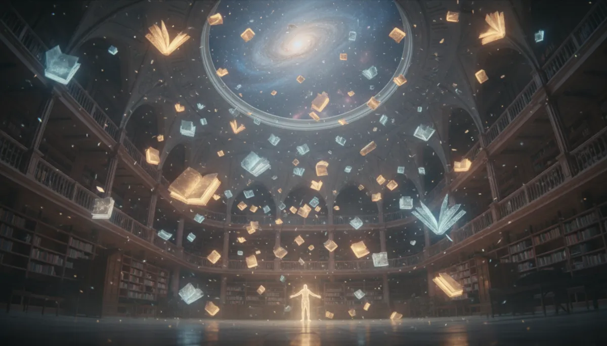 A vast, empty library where the books are made of light and are floating upwards, symbolizing the transition of knowledge and consciousness beyond the physical realm, dreamlike atmosphere, 8k.