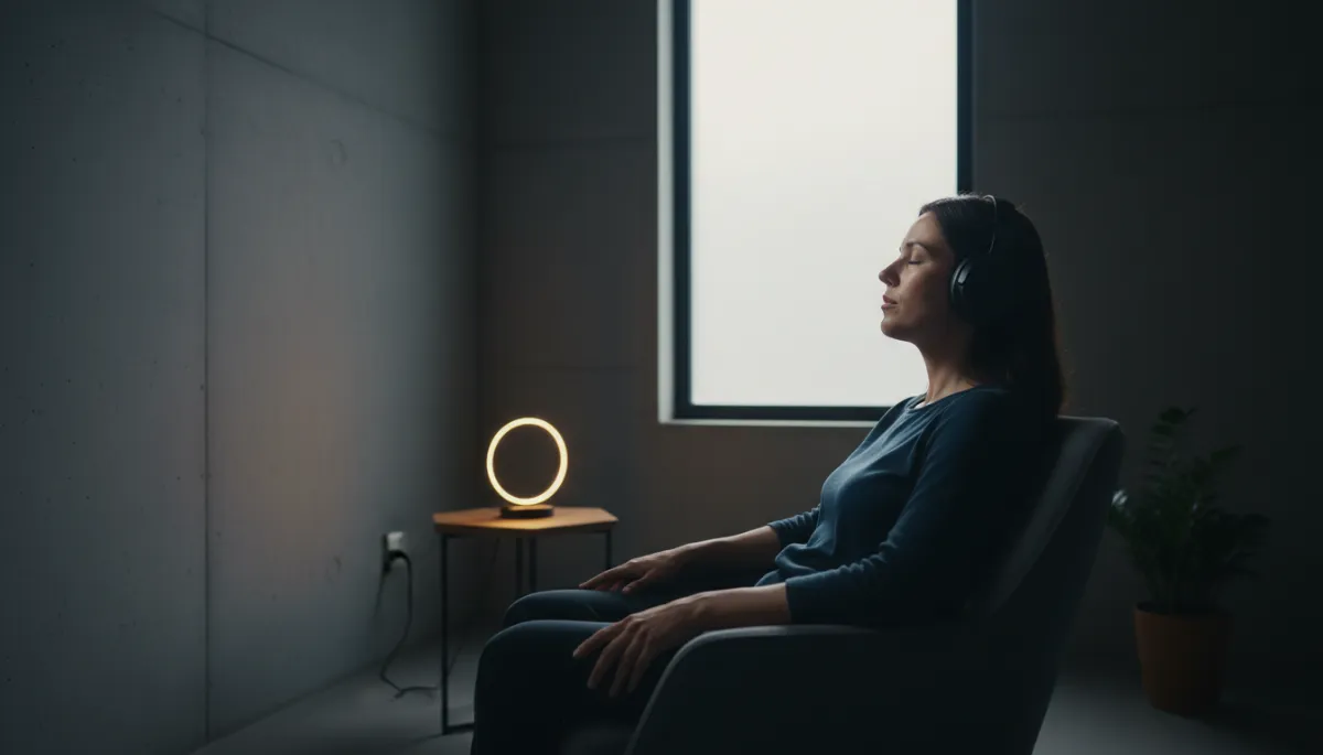 Cinematic shot of a person sitting in a dimly lit, quiet room with their eyes closed and a peaceful expression. They are wearing high-quality noise-canceling headphones. The environment is minimalist and serene, free from digital distractions. Soft ambient lighting, high contrast, focus on the sense of calm and silence.