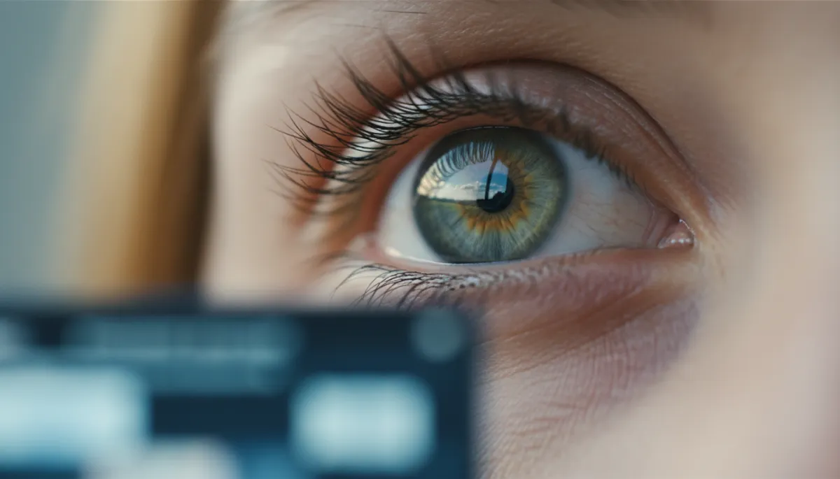 Macro photograph of a person's eye reflecting a distant natural landscape, showing a state of calm. The person is looking away from a blurred digital screen in the foreground. Soft natural light, high detail on the iris, conveying a sense of relief and visual disconnection.