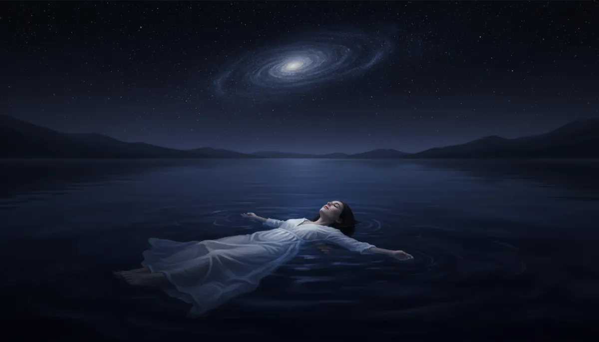 A calm person floating weightlessly on their back in a dark, quiet body of water, staring up at the night sky. The scene is peaceful, minimal, and serene, representing the law of reversed effort and floating by surrendering. High quality, realistic.