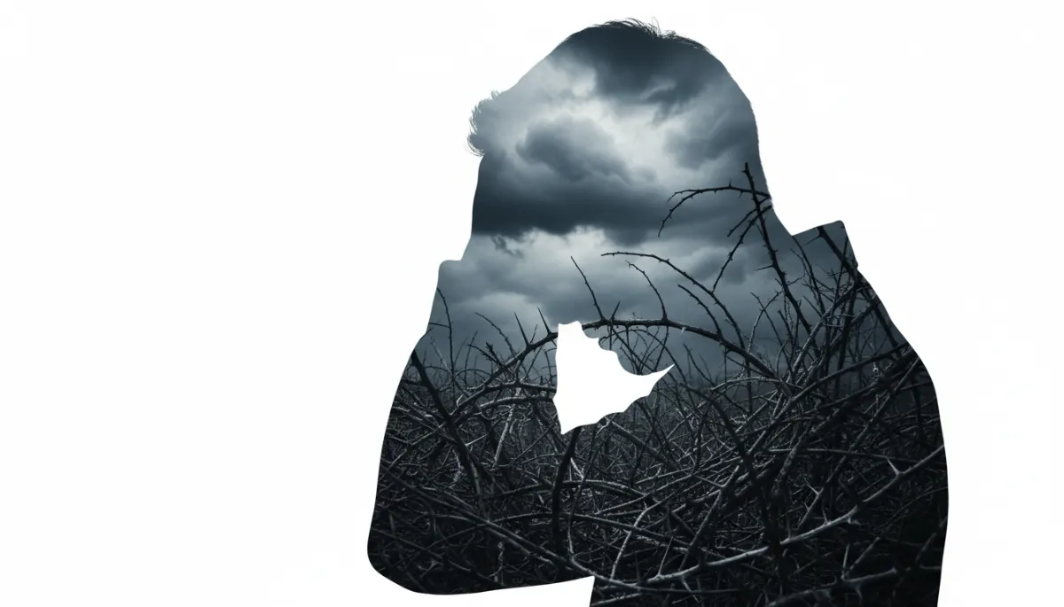 Conceptual double exposure photography. Silhouette of a stressed person holding their head. Inside the silhouette, a dark, stormy, tangled forest of thorns and heavy clouds. The background is sterile white, showing the internal somatization of repressed emotions. Highly detailed.