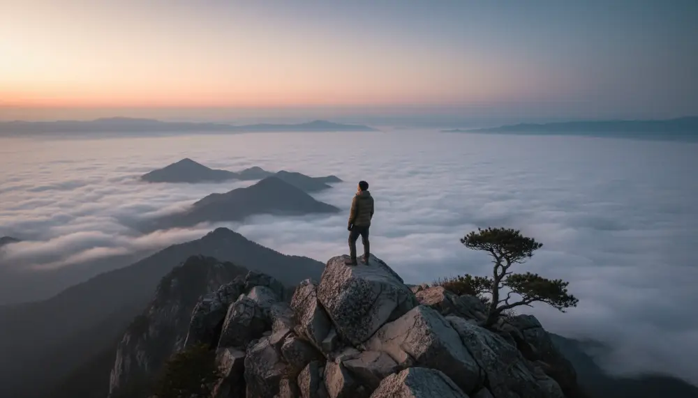 A lone hiker standing on a rugged mountain peak at dawn, looking out over a vast, misty landscape. The lighting is subtle, moody, and not overly bright, capturing a sense of deep purpose, contemplation, and meaning (eudaimonia) rather than pure joy. Photorealistic, majestic landscape photography.