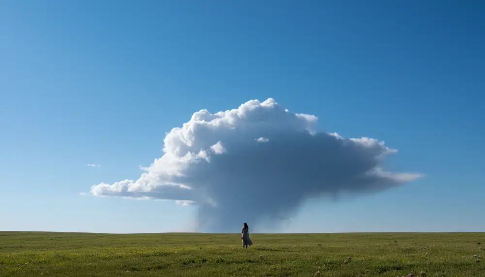 A surreal, minimal, and beautiful photorealistic image of a vast, clear blue sky with a single, dark, heavy raincloud passing through it. A person stands on an open green plain below, calmly observing the cloud from a distance without running from it or reacting, representing mindfulness and emotional detachment. High resolution, evocative.