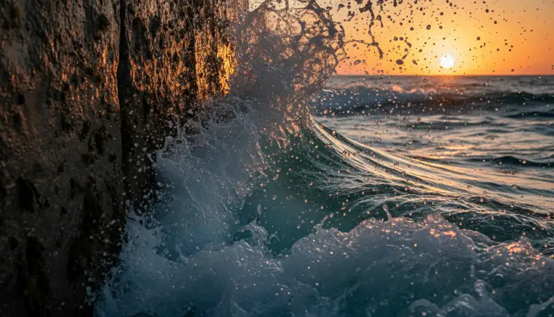 Macro photography of a massive, translucent turquoise ocean wave cresting and crashing violently against a rigid stone wall. Detailed water droplets catching the golden hour light, high shutter speed, crystalline textures, representing the destructive power of emotional resistance. Photorealistic, dramatic.