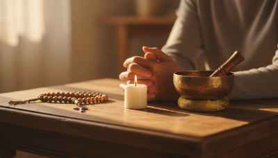 Macro photography of an old wooden table where a pair of hands gently rests, surrounded by an eclectic mix of spiritual items: Christian prayer beads, a Tibetan singing bowl, and a simple lit candle. Warm golden hour light casting soft shadows, shallow depth of field, photorealistic, peaceful and highly detailed.