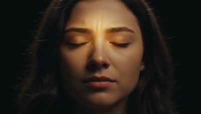 A cinematic, ultra-detailed portrait of a young woman's face in deep concentration, eyes closed. A soft, warm golden luminescence gently highlights her forehead, symbolizing the hyperactivation of the prefrontal cortex during focused meditation. Dark background, highly realistic, conveying pure mental clarity and willpower.