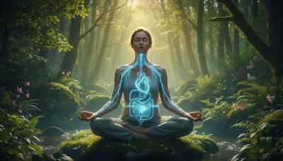 A highly detailed, photorealistic medical-art hybrid image showing a person meditating outdoors in a lush green setting, with a subtle, glowing blue overlay of the vagus nerve running from the brainstem down to the heart and abdomen. Soft morning lighting, evoking a sense of deep cellular regeneration and physical calm.