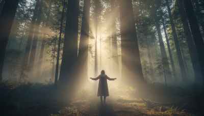 A breathtaking wide shot of a solitary figure standing completely still in a misty, ancient redwood forest. Their arms are slightly open, facing magnificent morning sunrays piercing through the dense canopy, symbolizing profound silence, mental rest, and connection with nature. Award-winning photorealistic nature photography.