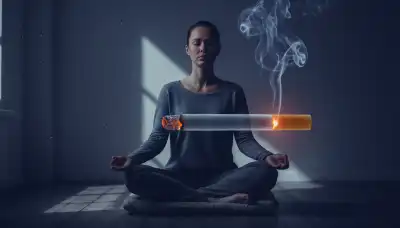 Conceptual photorealistic shot of a person trying to meditate with their eyes closed, but surrounded by a subtle, smoky silhouette of a cigarette in the foreground, representing the inescapable obsession and the 'white bear' psychological effect, moody lighting, highly detailed.
