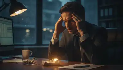 Photorealistic image of an exhausted professional rubbing their temples late at night in a dimly lit office, a blurred pack of cigarettes on the desk subtly glowing under a desk lamp, emphasizing stress and mental fatigue, highly detailed, cinematic lighting.