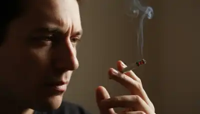 Photorealistic close-up of a person holding a lit cigarette, staring at the burning tip with intense curiosity and a hint of disgust, smoke curling up slowly, highlighting the mindfulness technique of paying full attention to the unpleasant reality of the habit, dramatic side lighting.