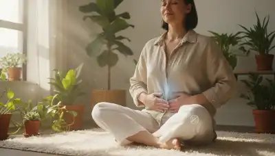Photorealistic image of a person practicing deep diaphragmatic breathing in a sunlit, peaceful room with indoor plants, eyes closed in a state of calm self-compassion, bright and airy atmosphere, representing nervous system healing and a smoke-free life, high quality.