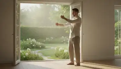 Photorealistic portrait of a man standing by a large open window in a well-lit room, looking out at a peaceful green garden. He is physically shaking his arms and hands gently to release bodily tension. The morning sunlight streams in, creating a hopeful, grounding, and refreshing atmosphere. Soft natural light, highly detailed.