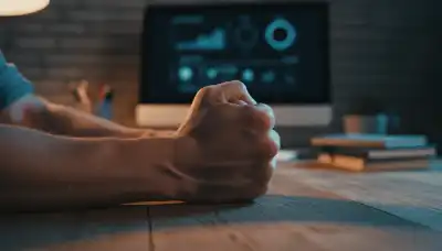 Photorealistic close-up of a person's clenched hands resting firmly on a wooden table, with a slightly blurred background showing a home office. The lighting is dramatic, highlighting the tension in the veins and knuckles, perfectly capturing the internal physical stress, adrenaline response, and the 'fight or flight' biological state. High resolution, macro photography.