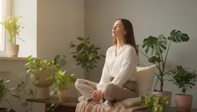 Photorealistic image of a young woman sitting comfortably in a serene, minimalist room with plants. She is exhaling slowly with slightly pursed lips, looking remarkably calm. Soft natural sunlight creates a warm, healing glow around her. Calming color palette with neutral and pastel tones, representing the release of emotional pressure. Highly detailed, 8k resolution.
