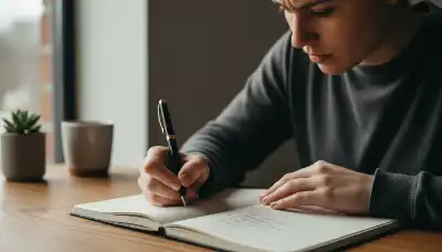 Primer plano de una persona escribiendo en un diario de diseño minimalista con un bolígrafo elegante sobre un escritorio de madera. La persona luce pensativa e introspectiva. Luz natural suave proveniente de una ventana cercana. Fotorealista, poca profundidad de campo, destacando el concepto de auditoría personal y el trabajo de sombras.