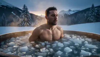 A high-quality, photorealistic image of an athlete plunging into an outdoor ice bath tub filled with crystal-clear cold water and large ice cubes. The person is taking a deep breath, showing intense focus, resilience, and calm amid the extreme cold. Frosty atmosphere, cinematic lighting, ultra-realistic.