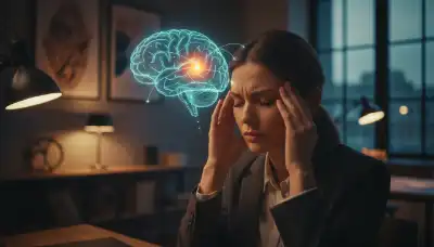 A photorealistic portrait of an overwhelmed modern professional sitting in a dimly lit, stylish office, visibly stressed with eyes closed. A faint, glowing digital outline of the brain's prefrontal cortex and amygdala is softly overlaid in the background, symbolizing the internal mental struggle and top-down regulation. Moody lighting, cinematic photography, 8k.