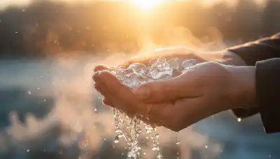 A highly realistic, symbolic macro shot blending nature and human biology. A close-up of hands gently cupping icy, splashing water under radiant, glowing morning sunlight. The contrast of the warm golden light rays and the crisp, dynamic cold water perfectly captures the balance of light and cold therapy. Cinematic photography, 8k resolution.