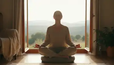A serene, photorealistic image of a person meditating peacefully on a zafu cushion by a large open window in a cozy room. Gentle morning sunlight streams in, hitting their relaxed face. The person looks completely grounded, embodying perfect somatic resilience and inner peace. Soft natural lighting, highly detailed.