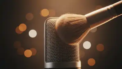 Fotografía macro de primer plano de un micrófono ASMR de alta gama (tipo binaural) siendo rozado suavemente por un gran pincel de maquillaje de cerdas muy suaves. Iluminación cálida de estudio, enfoque nítido en las texturas de las cerdas y la malla metálica del micrófono, con un hermoso efecto bokeh en el fondo oscuro, creando una experiencia visual altamente sensorial y táctil.