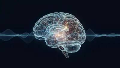 Ilustración médica 3D de alta calidad de un cerebro humano brillante, mostrando vías neuronales que se iluminan en suaves tonos azules y dorados, representando la liberación de oxitocina y dopamina. Estética serena y científica, con un fondo oscuro y sutiles ondas de luz que simulan frecuencias de sonido envolviendo delicadamente la estructura cerebral.