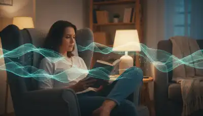 Representación artística y fotorealista del concepto de la neurocepción y la seguridad del nervio vago. Una escena tranquila de una persona sentada en un cómodo sillón de lectura, rodeada por sutiles y etéreas ondas de sonido en tonos verde agua y azul pacífico. La iluminación es relajante e invita al descanso, enfatizando el estado biológico de seguridad y la activación del sistema nervioso parasimpático.