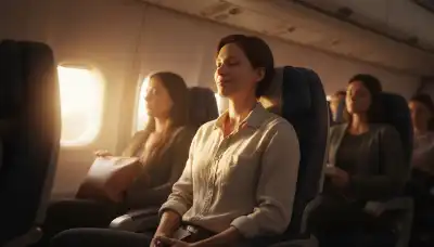 A conceptual, photorealistic portrait of a passenger in a cramped airplane seat, sitting completely still with an upright posture, resembling a zen meditation pose. Warm, ethereal golden hour light streams from the window, highlighting their peaceful expression amidst a crowded, slightly blurred cabin environment. Highly detailed, cinematic lighting.