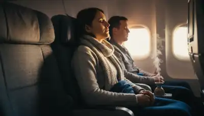 Photorealistic medium shot of a traveler relaxing deeply in a dimly lit airplane seat, eyes gently closed, shoulders intentionally dropped, demonstrating a mindful body scan. The atmosphere is cozy and calm despite the cramped space. Soft natural light, highly detailed textures of the seat fabric and clothing.