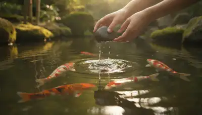 Primer plano fotorealista de unas manos soltando delicadamente una piedra pesada en un tranquilo estanque de estilo japonés con peces koi. El agua genera ondas suaves. Iluminación cálida y pacífica que transmite la idea de liberar una carga emocional inútil. Fotografía macro de alta calidad, reflejos nítidos.