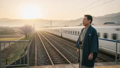 Un hombre japonés de mediana edad de pie en el andén de una estación al aire libre. Un tren bala (Shinkansen) acaba de pasar de largo, dejándolo atrás. En lugar de estar frustrado, el hombre tiene una expresión de calma y aceptación, mirando el paisaje. Iluminación suave del amanecer, estilo National Geographic.