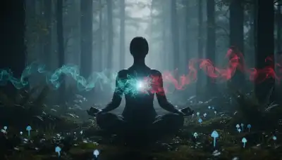 Representación fotorealista y artística de una persona sentada en la naturaleza, cuya silueta está ligeramente iluminada. Su pecho y cabeza emiten un suave resplandor en tonos azules y verdes bioluminiscentes, disipando un aura roja de tensión a su alrededor. Simboliza el sistema nervioso parasimpático entrando en calma. Calidad National Geographic, estilo calmante y médico-holístico.